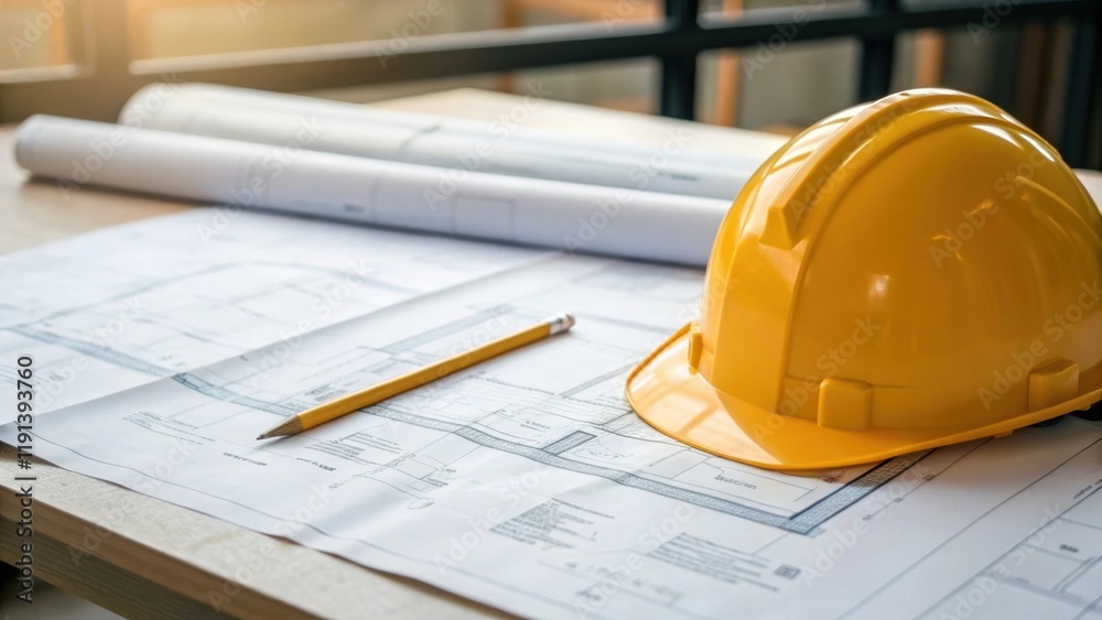 Aufkleber A medium closeup of blueprints spread on a table with a hard hat and a pencil resting beside highlighting the transition from design to reality and the importance of planning in
