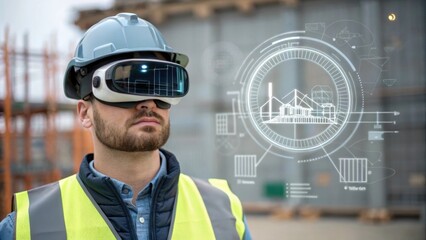 A medium closeup of a worker wearing augmented reality glasses interacting with holographic overlay showing construction progress symbolizing the convergence of VR and realtime