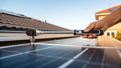 A medium closeup of a worker using a torque wrench to tighten bolts on a solar panel mount with the focus on the tool in action and the backdrop of sky and rooftops.
