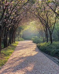 Fototapeta premium Dreamy Pathway Lined with Blooming Peach Blossoms – Perfect for Peach Blossom Day, Easter, and Spring Equinox