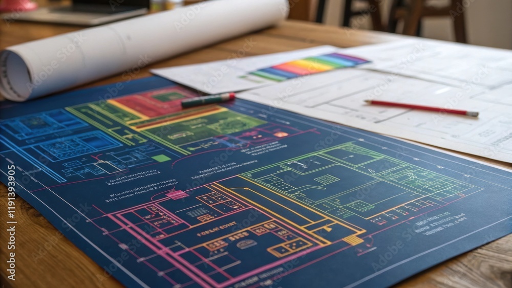 Poster a medium closeup of colorful architectural blueprints spread out on a wooden table filled with intri