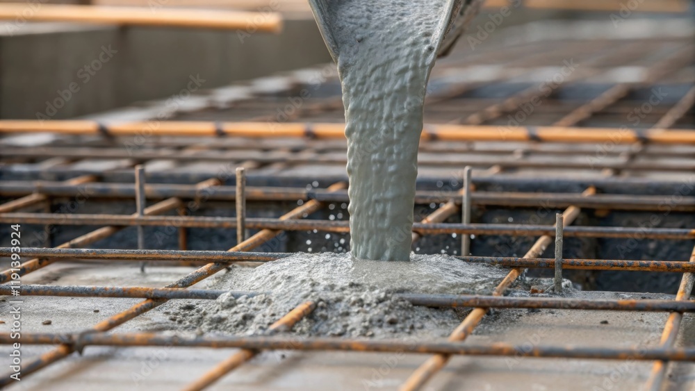 Poster A medium closeup of concrete being poured into the formwork capturing the fluid motion as it fills the voids of the skeletal framework. The rich gray color of the concrete