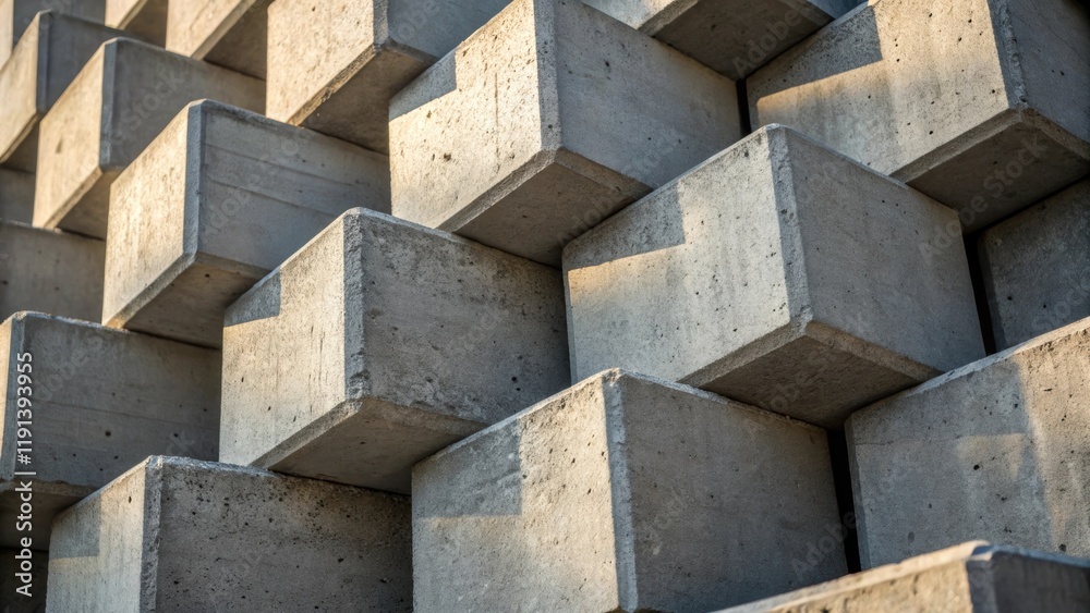 Aufkleber A medium closeup of concrete blocks stacked at odd angles creating a distorted cube formation with rough textures highlighted by natural light filtering through gaps.