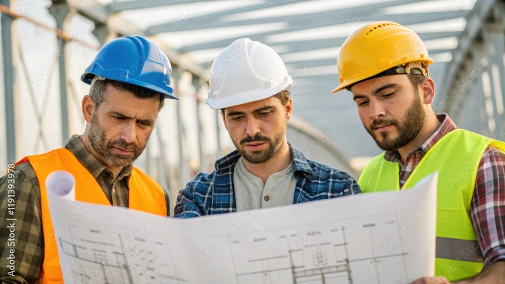 Aufkleber A medium closeup of construction workers collaborating one holding blueprints while others analyze the framework of the bridge expressions of concentration and teamwork evident on