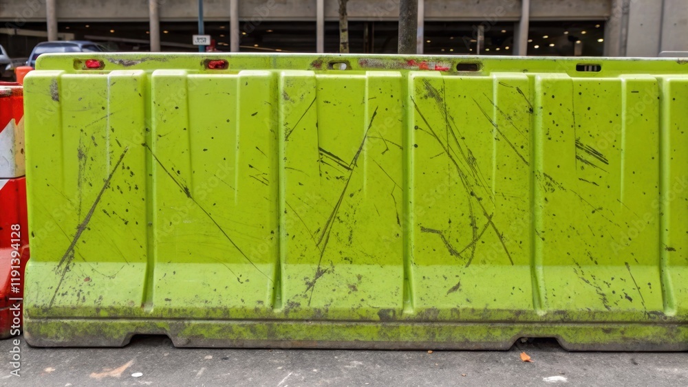 Poster a medium closeup of fluorescent green barrier panels with a weathered look dotted with paint scratch