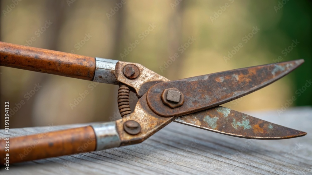 Poster a medium closeup of gardening shears displaying a rusty blade and mottled handles embodying the toil