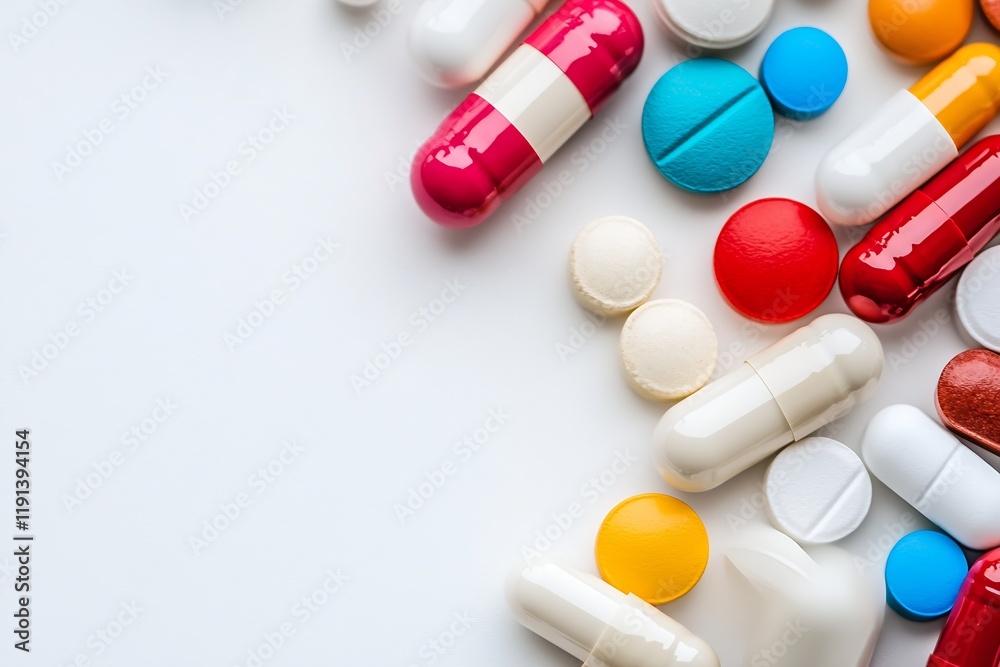 Poster Assorted Colorful Pills and Capsules on White Background for Medical Use : Generative AI