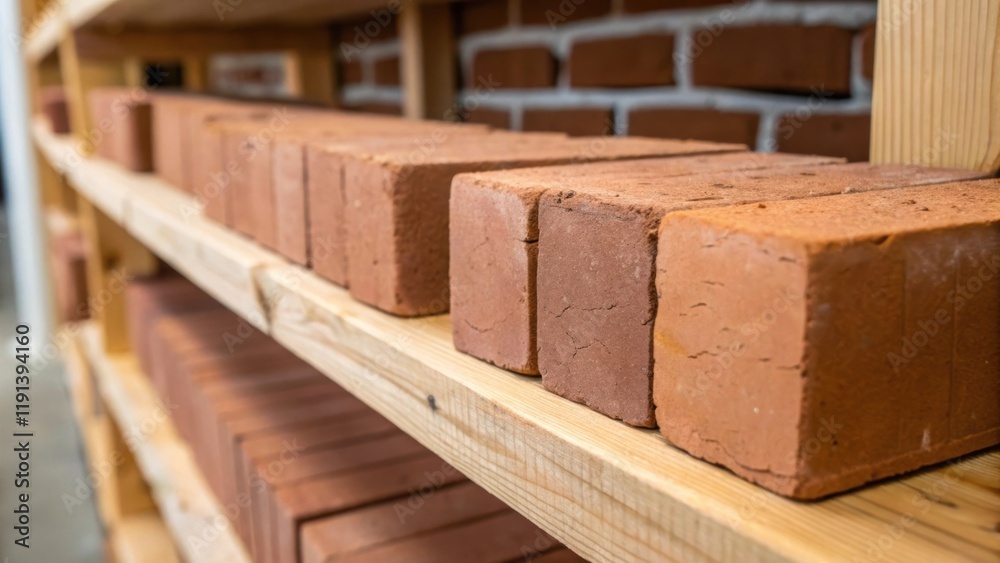 Aufkleber A medium closeup of freshly shaped bricks lined up on a wooden shelf with some showing slight cracks and uneven surfaces giving a glimpse into the handmade quality of each piece.