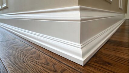 A medium closeup of freshly painted trim against a newly installed baseboard the smooth finish of the paint contrasting with the uneven texture of the wood beneath emphasizing the