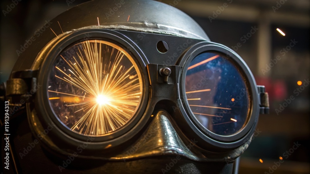 Poster a medium closeup of goggles reflecting the bright arc of a welding process highlighting the intense 