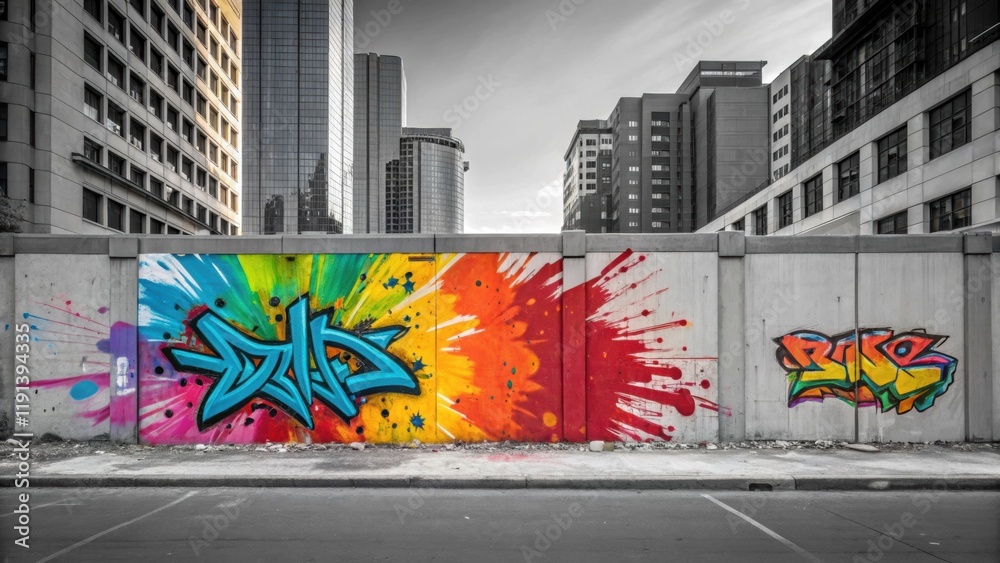 Poster a medium closeup of graffiti on a construction wall vibrant colors splashing against the monochrome 