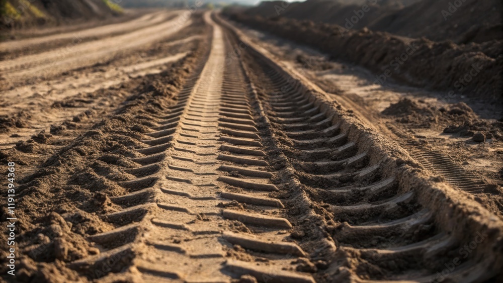 Poster A medium closeup of heavy machinery tracks marking the soil capturing the patterns left behind as equipment moves to and fro symbolizing the progress and disruption of the
