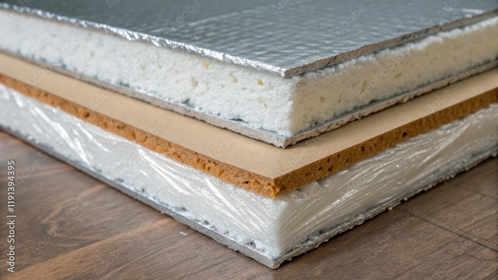Poster a medium closeup of hvac duct insulation featuring a multilayered look with foam and aluminum sheath