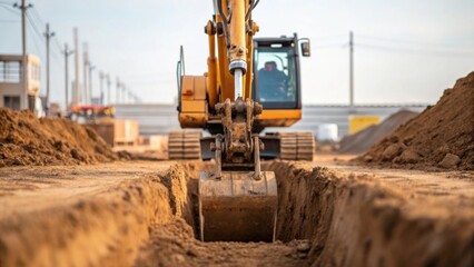 A medium closeup of heavy machinery such as a backhoe carefully digging a trench for the foundation emphasizing the precision needed in excavating to create a proper base.