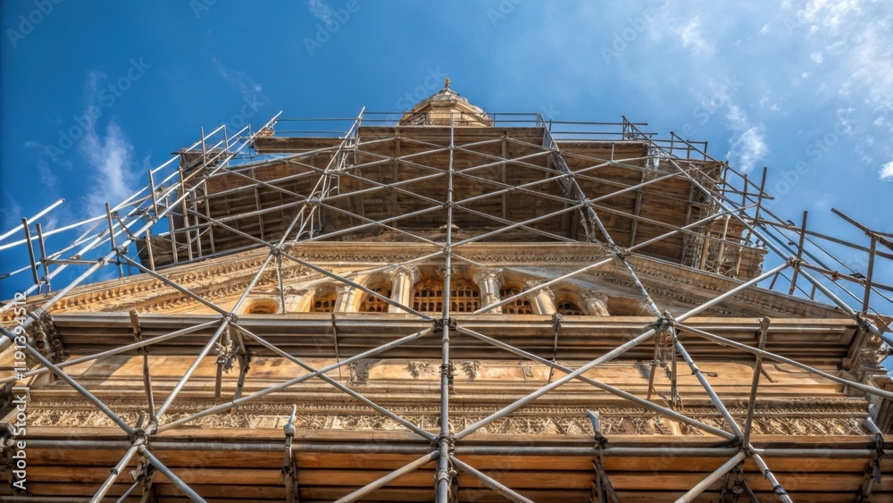 Aufkleber A medium closeup of intricate scaffolding crisscrossing against the backdrop of a blue sky emphasizing the geometric patterns and structural elegance that support the building
