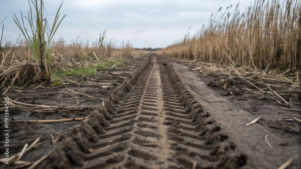 Poster a medium closeup of machinery tracks imprinted on a muddy field surrounded by wilting grasses captur