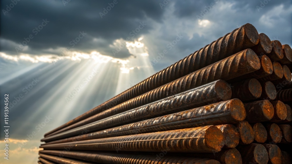 Poster A medium closeup of metal rods stacked onsite with shafts of sunlight piercing through the clouds highlighting the textures of rust and rain reflecting both promise and
