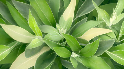 Lush green and pale sage leaves, close-up view, natural background, ideal for wellness or botanical designs