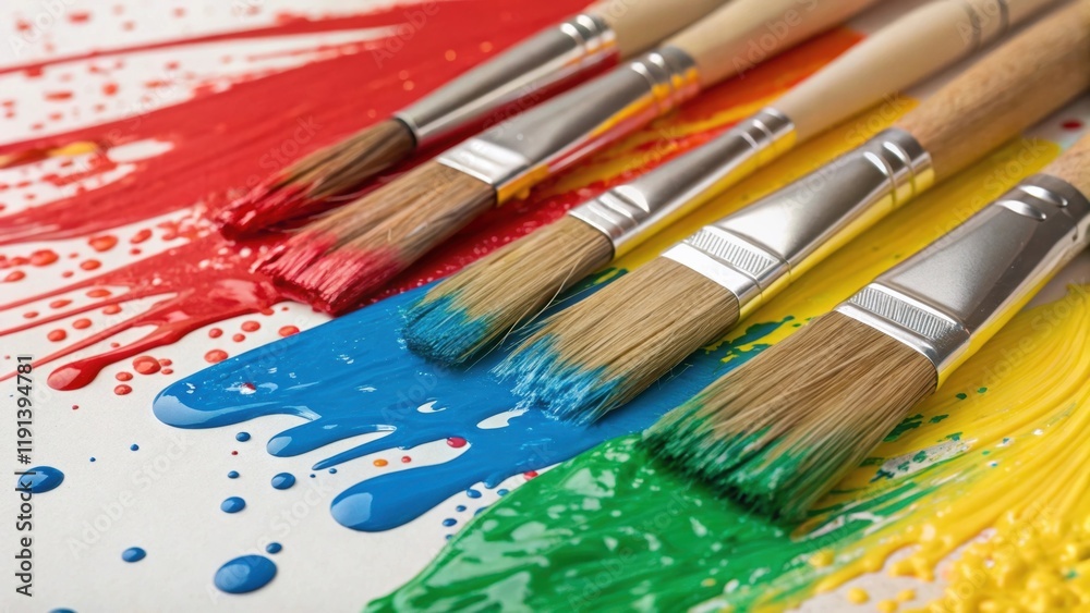 Poster a medium closeup of paintbrushes dipping into vibrant colors with splashes of paint on the construct