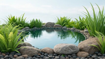 Obraz premium A medium closeup of ornamental rocks arranged around a small pond with the water reflecting the bright blue sky. Green ferns and grasses provide a natural border creating a serene