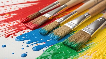 Fototapeta premium A medium closeup of paintbrushes dipping into vibrant colors with splashes of paint on the construction surface behind emphasizing the creative aspect of construction as an art