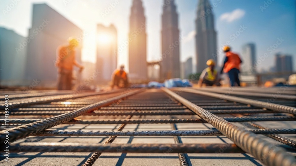 Aufkleber A medium closeup of pouring rebar reinforced concrete with workers in the background collaborating under the sunlight showcasing teamwork amidst the backdrop of towering