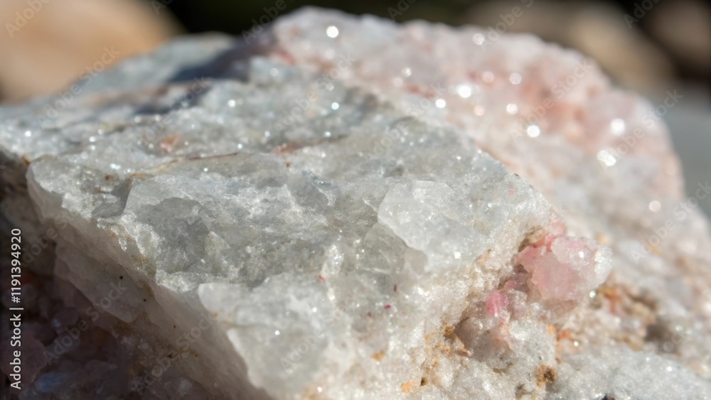 Poster A medium closeup of quartzite presenting its crystalline texture with sparkling facets reflecting light in various angles while showcasing shades of white grey and hints of pink.