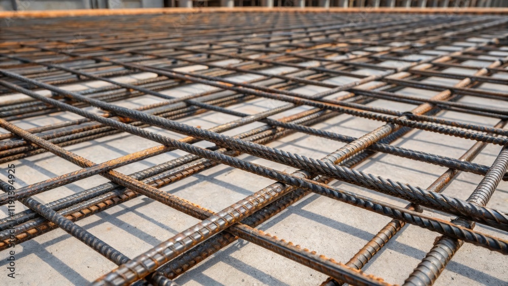 Poster A medium closeup of rebar latticework tangled yet organized as it waits to be covered with concrete. The intersecting steel rods create a pattern that speaks to the buildings
