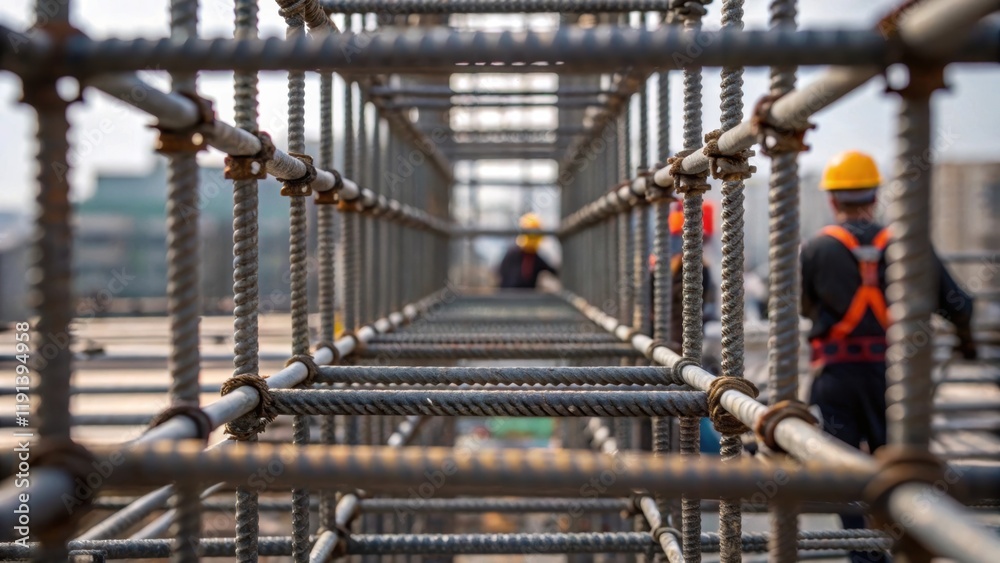 Aufkleber A medium closeup of scaffolding as workers navigate its structure the interwoven metal bars capturing the complexity of the construction process and offering a glimpse into the