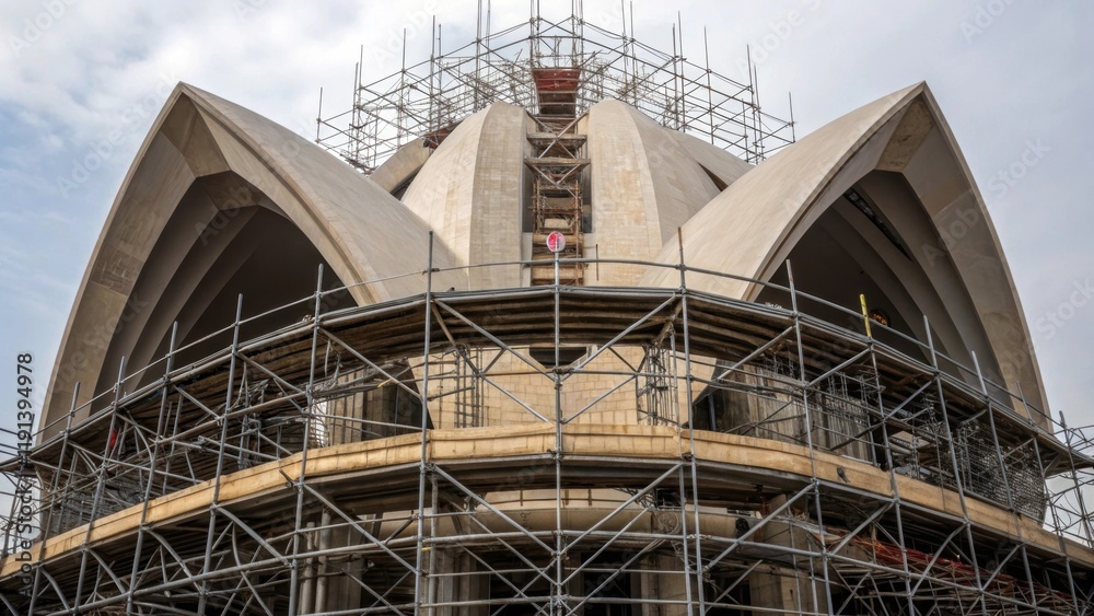 Aufkleber A medium closeup of scaffolding intertwining with a partially completed structure revealing the intricate dance of form and function showcasing the artistic arrangement of