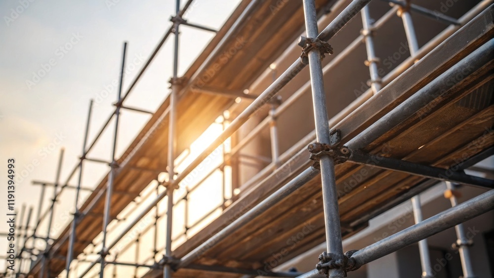 Poster a medium closeup of scaffolding rising against a blurred background metal bars reflecting sunlight c