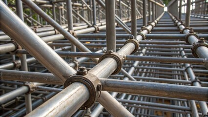 A medium closeup of scaffolding pipes arranged in a grid pattern each joint showcasing precise angular connections that create a sense of depth and dimensionality.