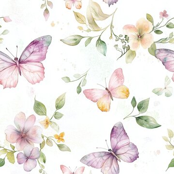 Pattern: Aquarell-Schmetterlinge und Blumen