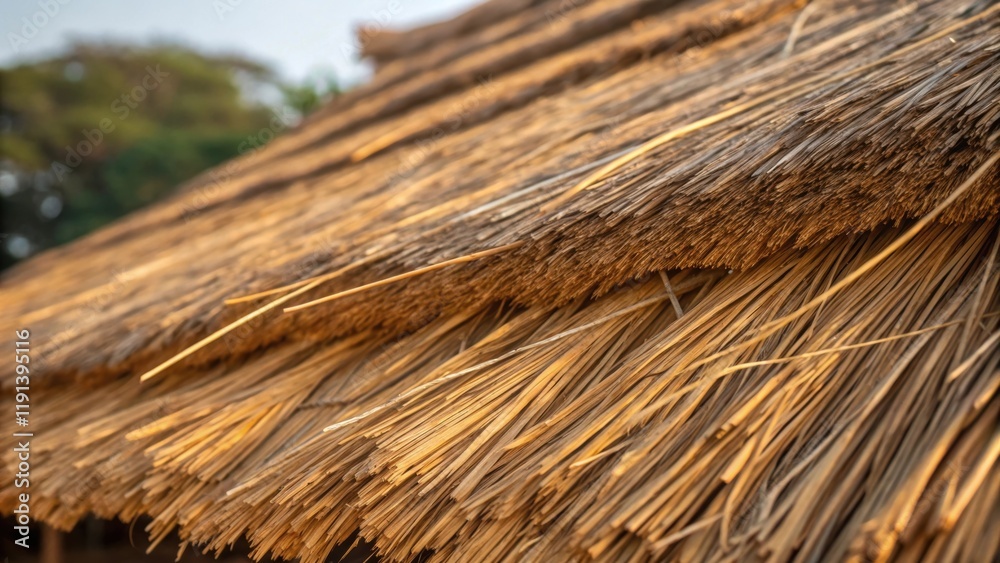 Poster a medium closeup of thatched roofing focusing on the layered strands of dried grass showcasing their