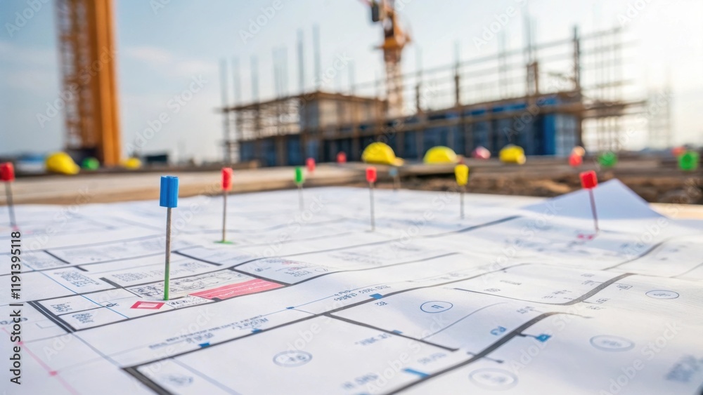 Aufkleber a medium closeup of tered blueprints and colorful construction markers fluttering in a light breeze 