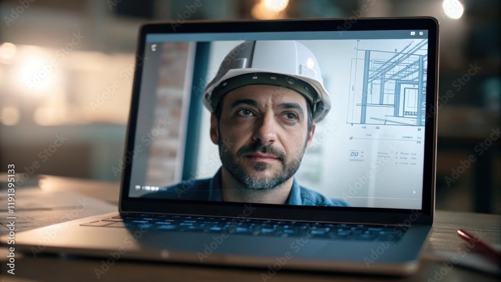 Poster A medium closeup of the architects face illuminated by the screen of a laptop displaying the virtual reality software conveying concentration and engagement with the design