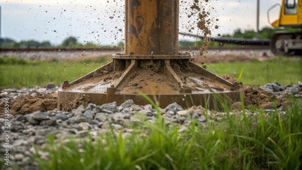 Poster a medium closeup of the cranes base framed by grass and gravel as mud splatters up the sides from th
