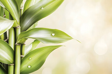 Lush green bamboo leaves with water droplets, soft-focus background, perfect for spa or wellness concepts