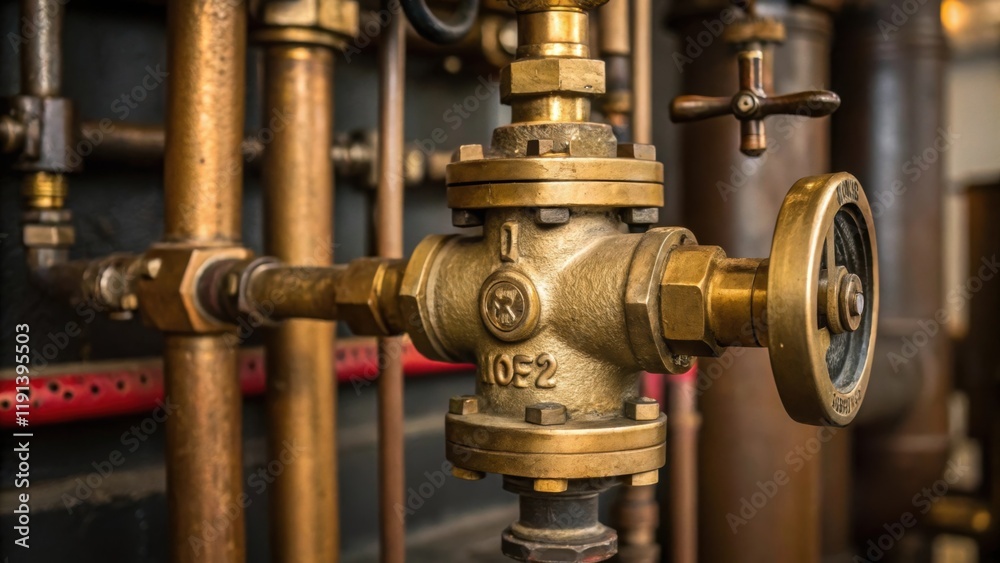 Aufkleber A medium closeup of the intricate valve system showcasing a shiny brass valve and various connecting pipes with vivid details of small markings and wear from years of use.
