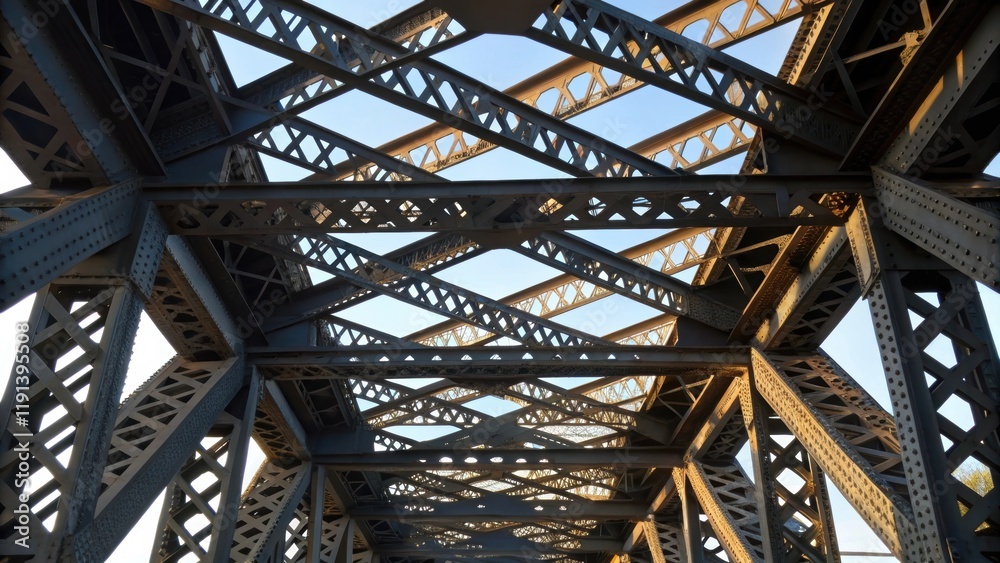 Poster A medium closeup of the intricate lattice work of a steel truss showing the interlocking pieces that contribute to its strength with sunlight filtering through and casting shadows