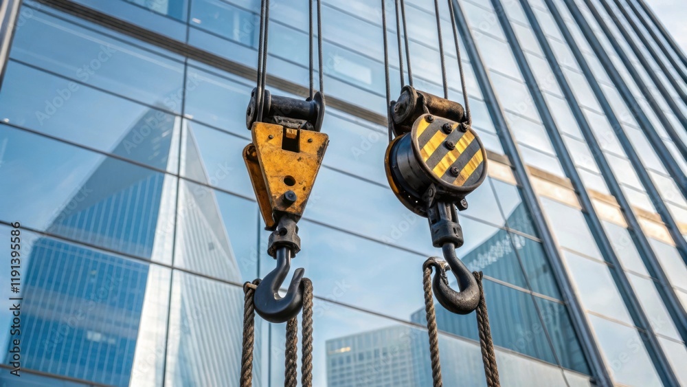 Aufkleber A medium closeup of the rigging mechanisms attached to cranes highlighting their robust design against a backdrop of ascending glass panels that glimmer as they catch the light
