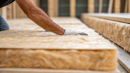 A medium closeup of the insulation material being pressed into place revealing the fibers of the insulation and the workers forearm which is tense with effort as they push it into