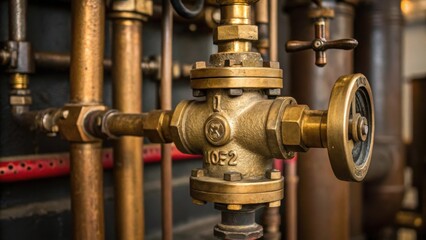A medium closeup of the intricate valve system showcasing a shiny brass valve and various connecting pipes with vivid details of small markings and wear from years of use.