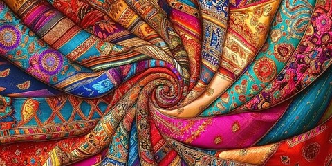 A vibrant pattern of colorful fabrics arranged in an intricate spiral, showcasing the beauty and diversity of traditional Indian 
