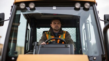 A medium closeup of the skid steer loaders cab showing the operator adjusting controls while peering through the windshield capturing a moment of concentration amidst tight spaces.