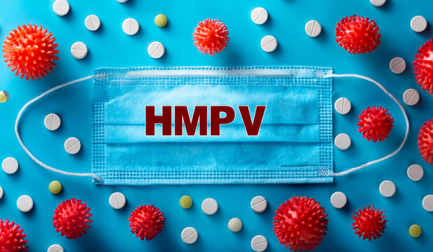 Human metapneumovirus, hmpv, treatment and prevention concept with surgical mask and pills
