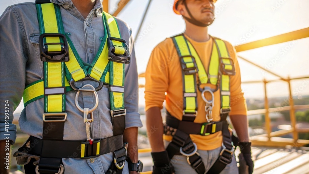 Poster A medium closeup of the workers fully equipped safety harness reflecting sunlight displaying the multiple attachment points which promise reliability at high elevations.