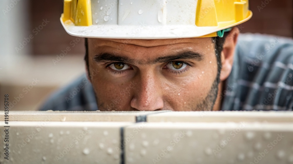 Poster a medium closeup of the workers face shows concentration and determination as they focus on aligning
