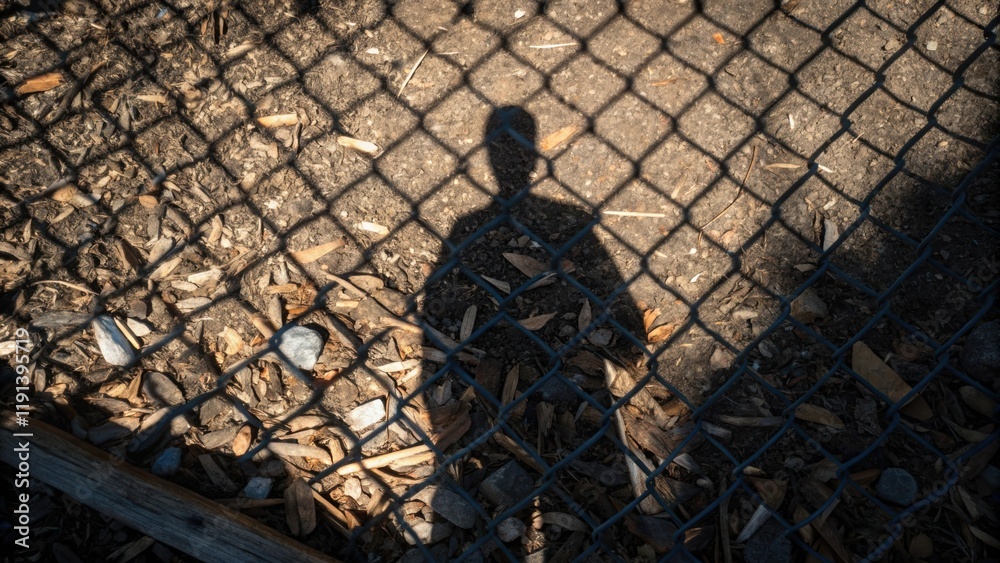 Poster A medium closeup of the workers shadow intermingles with tered debris as the sun filters through a chainlink fence creating an intricate pattern on the ground.