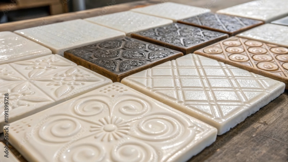 Poster a medium closeup of tiles made from recycled porcelain highlighting their glossy surface and intrica